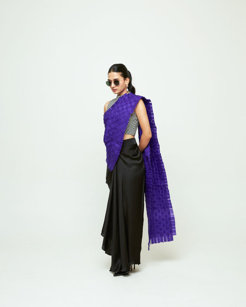 Isa Textured Saree Skirt Set-Ultramarine organza, modal satin saree by SOBARIKO in black for women in Singapore