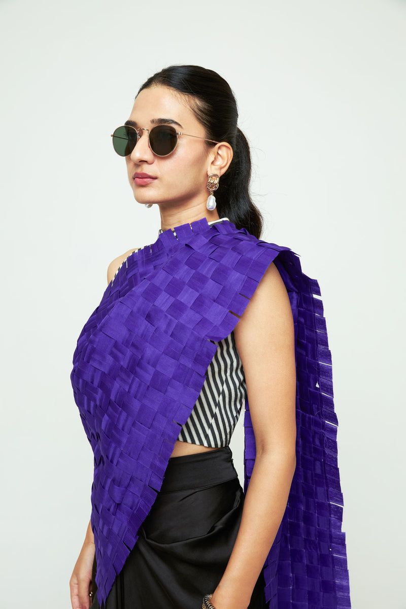 Isa Textured Saree Skirt Set-Ultramarine organza, modal satin saree by SOBARIKO in black for women in Singapore