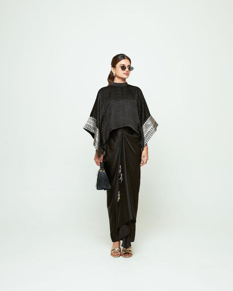 Prana-Pleated Top Set-Black silk, modal satin indo-western by SOBARIKO in black for women in Singapore
