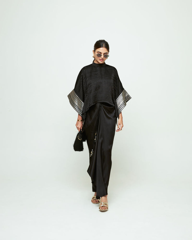 Prana-Pleated Top Set-Black silk, modal satin indo-western by SOBARIKO in black for women in Singapore