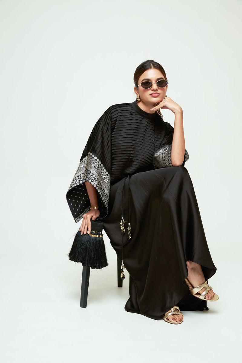 Prana-Pleated Top Set-Black silk, modal satin indo-western by SOBARIKO in black for women in Singapore