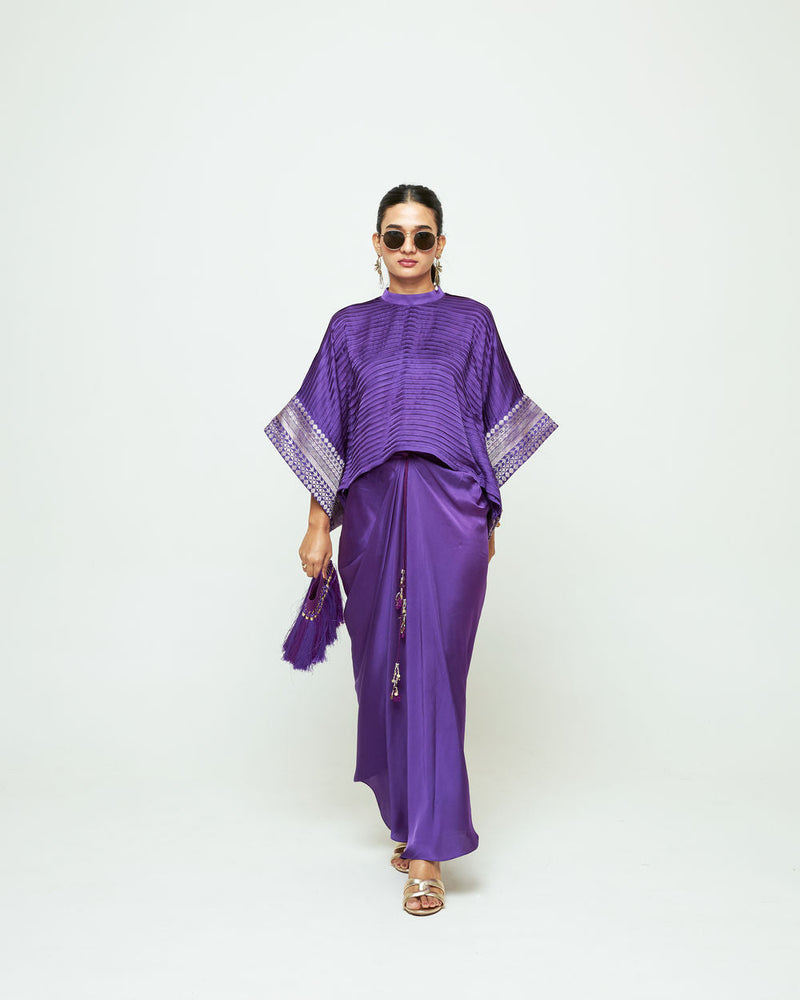 Prana-Pleated Top Set-Purple silk, modal satin indo-western by SOBARIKO in purple for women in Singapore