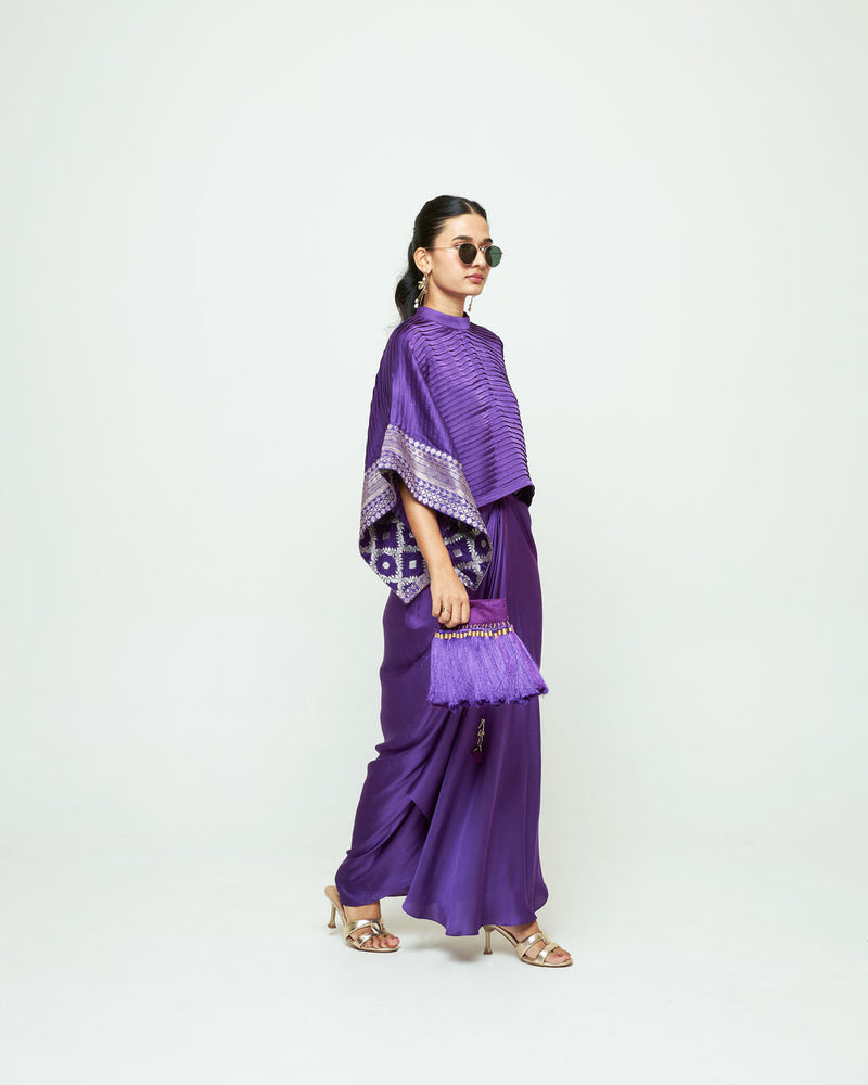Prana-Pleated Top Set-Purple silk, modal satin indo-western by SOBARIKO in purple for women in Singapore