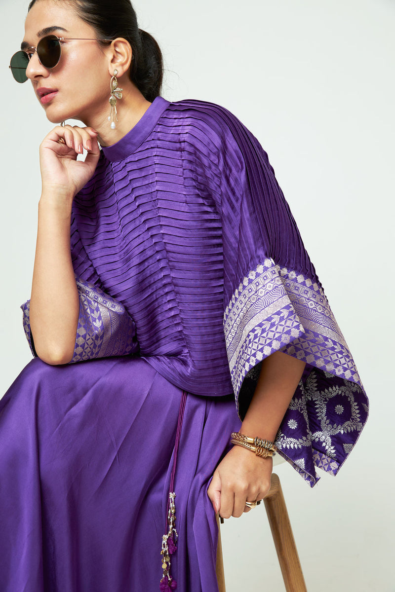 Prana-Pleated Top Set-Purple silk, modal satin indo-western by SOBARIKO in purple for women in Singapore