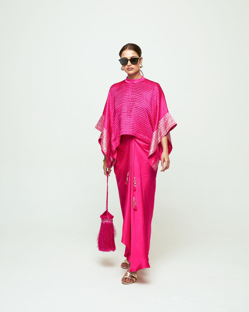 Prana-Pleated Top Set-Pink silk, modal satin indo-western by SOBARIKO in pink for women in Singapore
