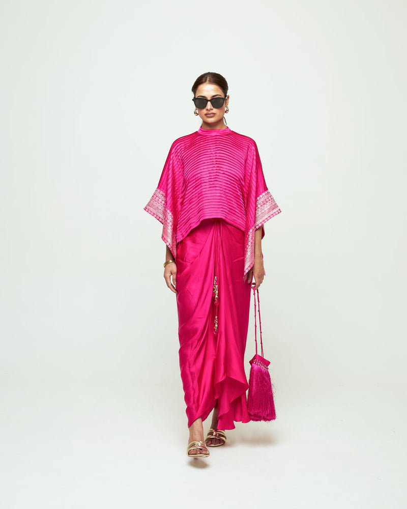 Prana-Pleated Top Set-Pink silk, modal satin indo-western by SOBARIKO in pink for women in Singapore