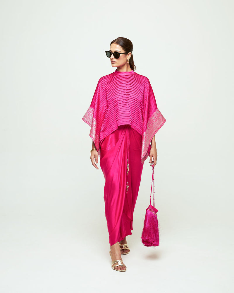 Prana-Pleated Top Set-Pink silk, modal satin indo-western by SOBARIKO in pink for women in Singapore