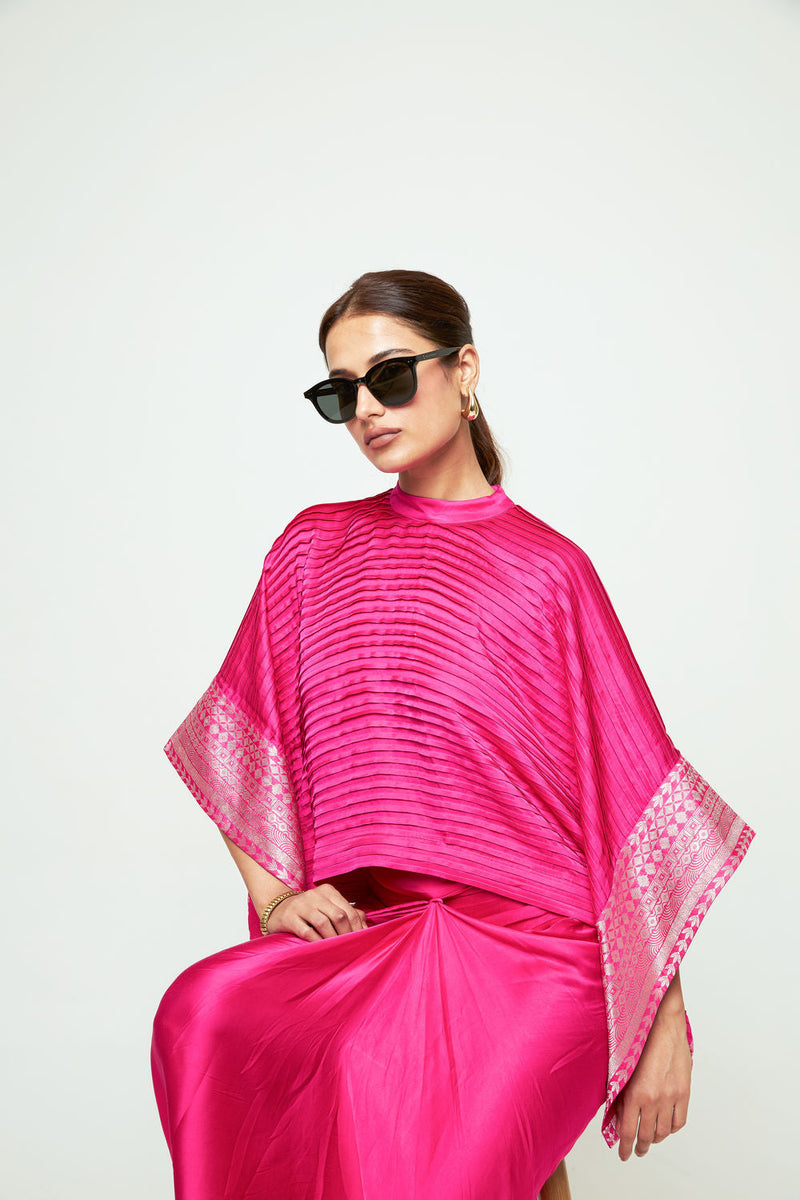 Prana-Pleated Top Set-Pink silk, modal satin indo-western by SOBARIKO in pink for women in Singapore