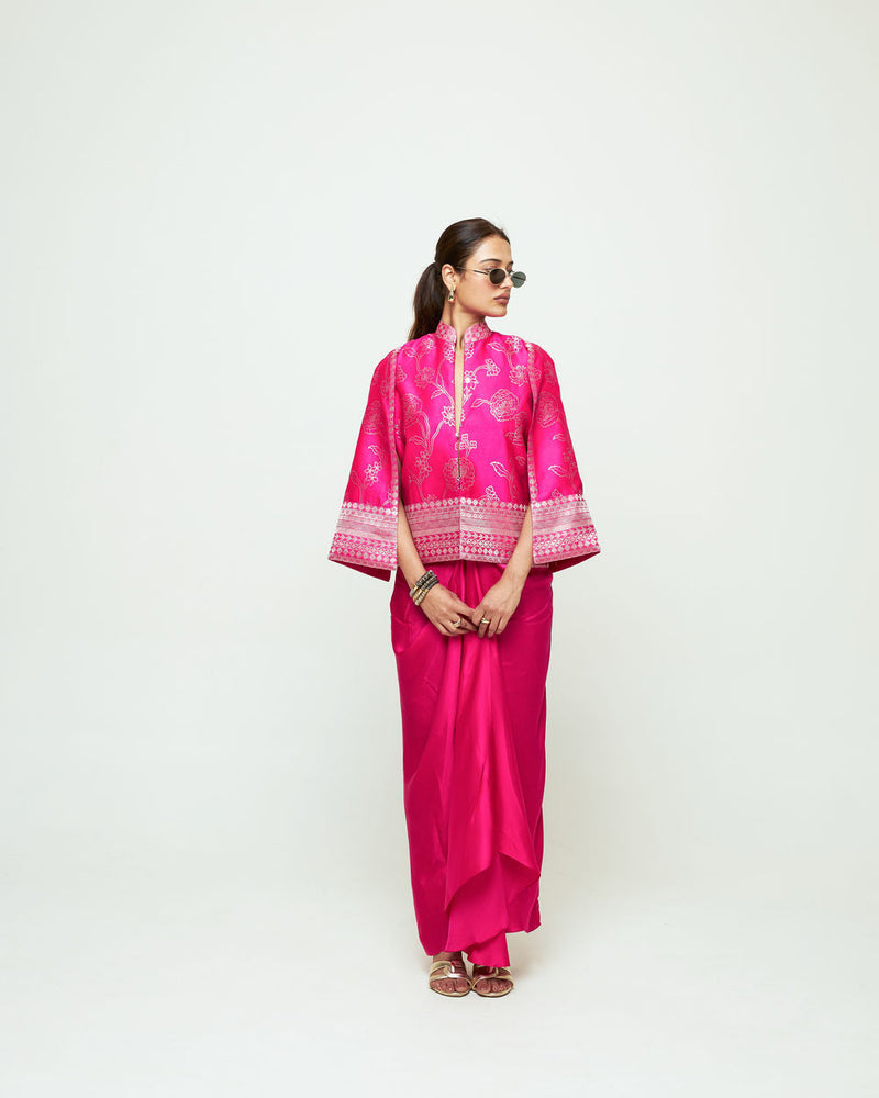 Rosa Statement Jacket Skirt Set-Pink silk, modal satin indo-western by SOBARIKO in purple for women in Singapore
