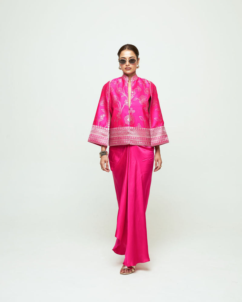 Rosa Statement Jacket Skirt Set-Pink silk, modal satin indo-western by SOBARIKO in purple for women in Singapore