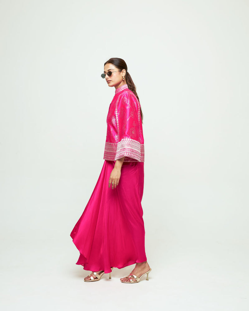 Rosa Statement Jacket Skirt Set-Pink silk, modal satin indo-western by SOBARIKO in purple for women in Singapore