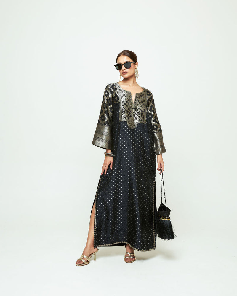 Neet-Statement Brocade Silk Kaftan silk indo-western by SOBARIKO in black for women in Singapore