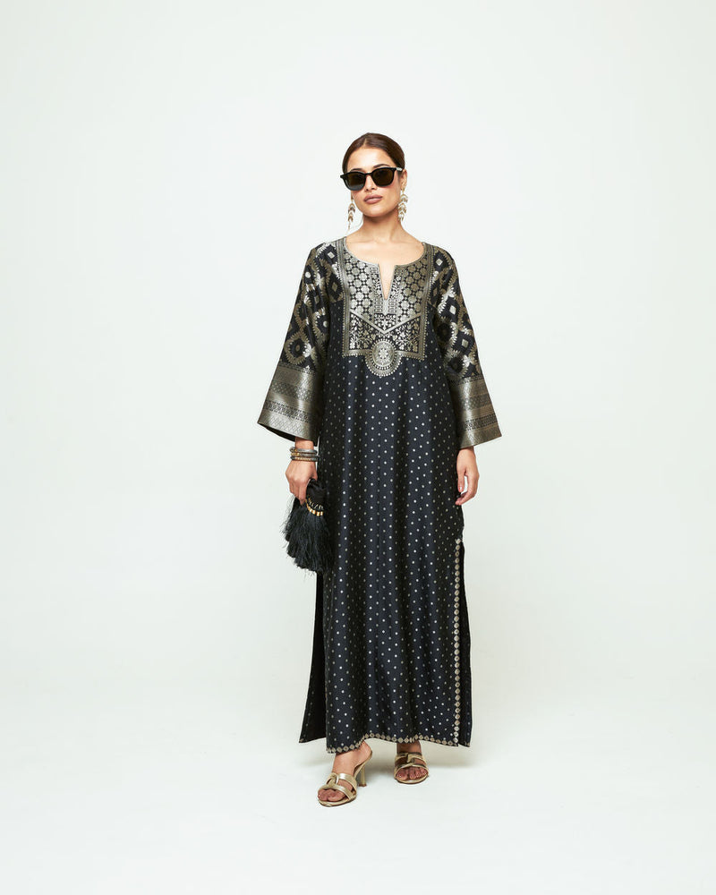 Neet-Statement Brocade Silk Kaftan silk indo-western by SOBARIKO in black for women in Singapore