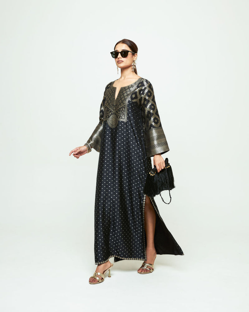 Neet-Statement Brocade Silk Kaftan silk indo-western by SOBARIKO in black for women in Singapore