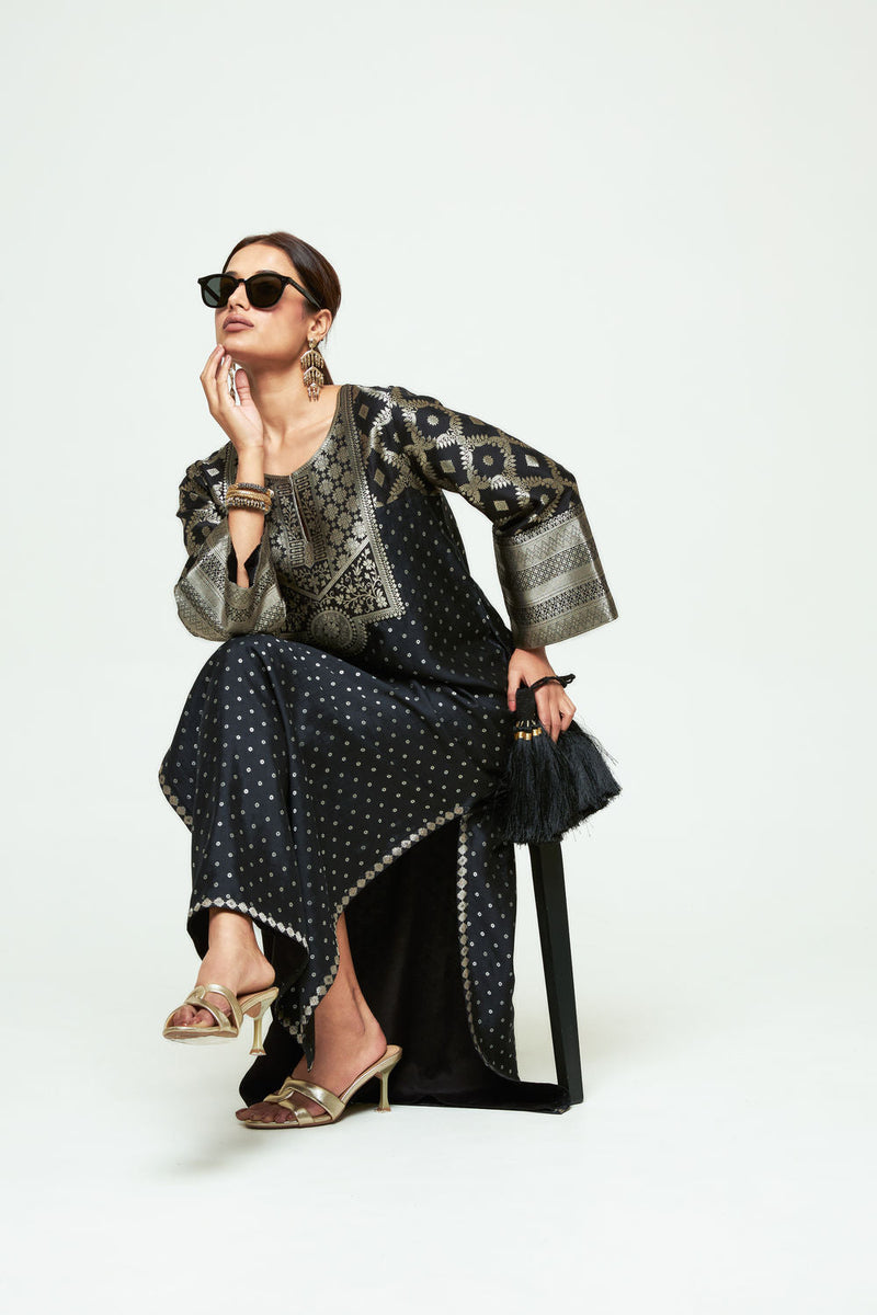 Neet-Statement Brocade Silk Kaftan silk indo-western by SOBARIKO in black for women in Singapore