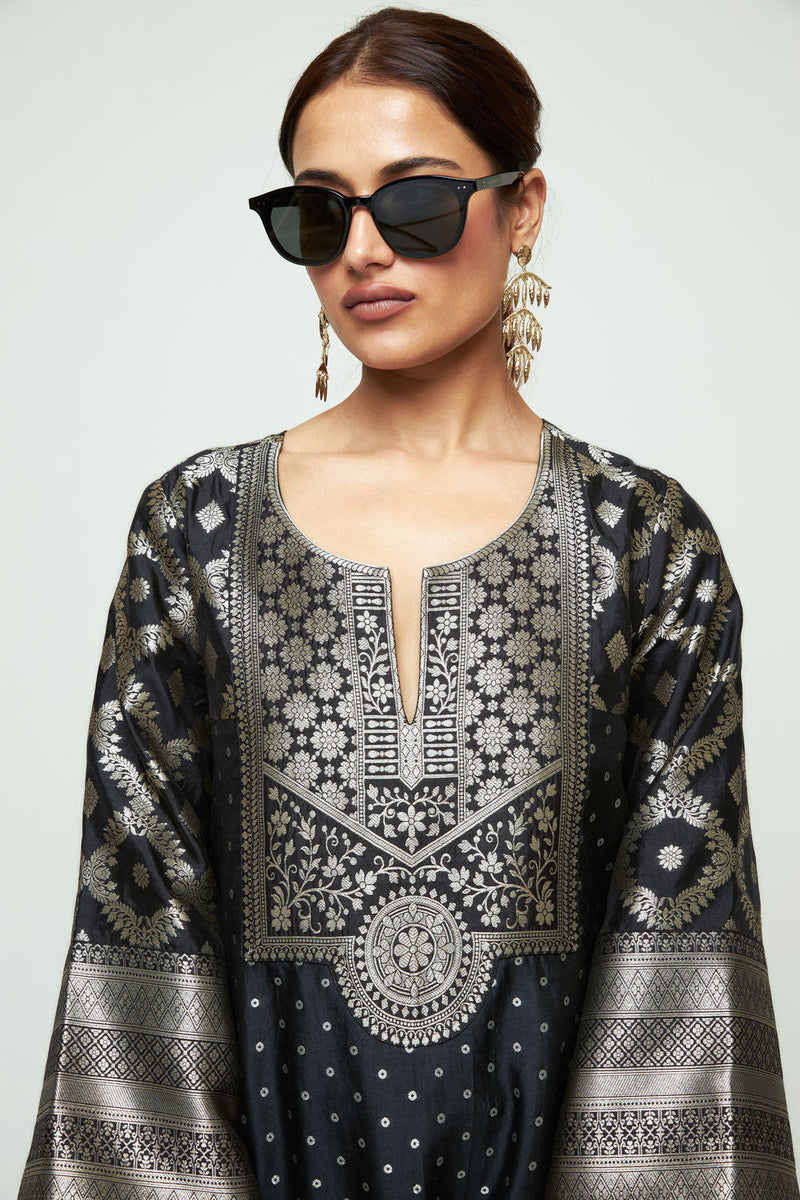 Neet-Statement Brocade Silk Kaftan silk indo-western by SOBARIKO in black for women in Singapore