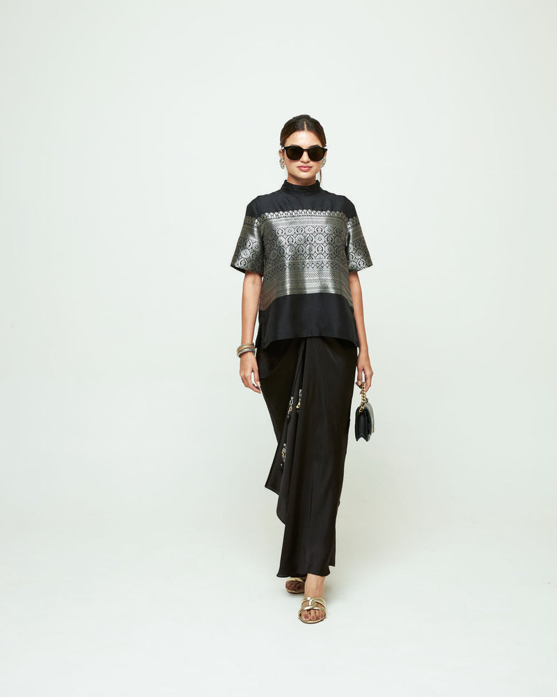Raysa-Statement Brocade Top Skirt Set-Black silk indo-western by SOBARIKO in black for women in Singapore