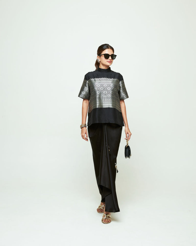 Raysa-Statement Brocade Top Skirt Set-Black silk indo-western by SOBARIKO in black for women in Singapore