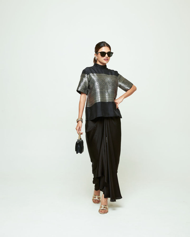 Raysa-Statement Brocade Top Skirt Set-Black silk indo-western by SOBARIKO in black for women in Singapore