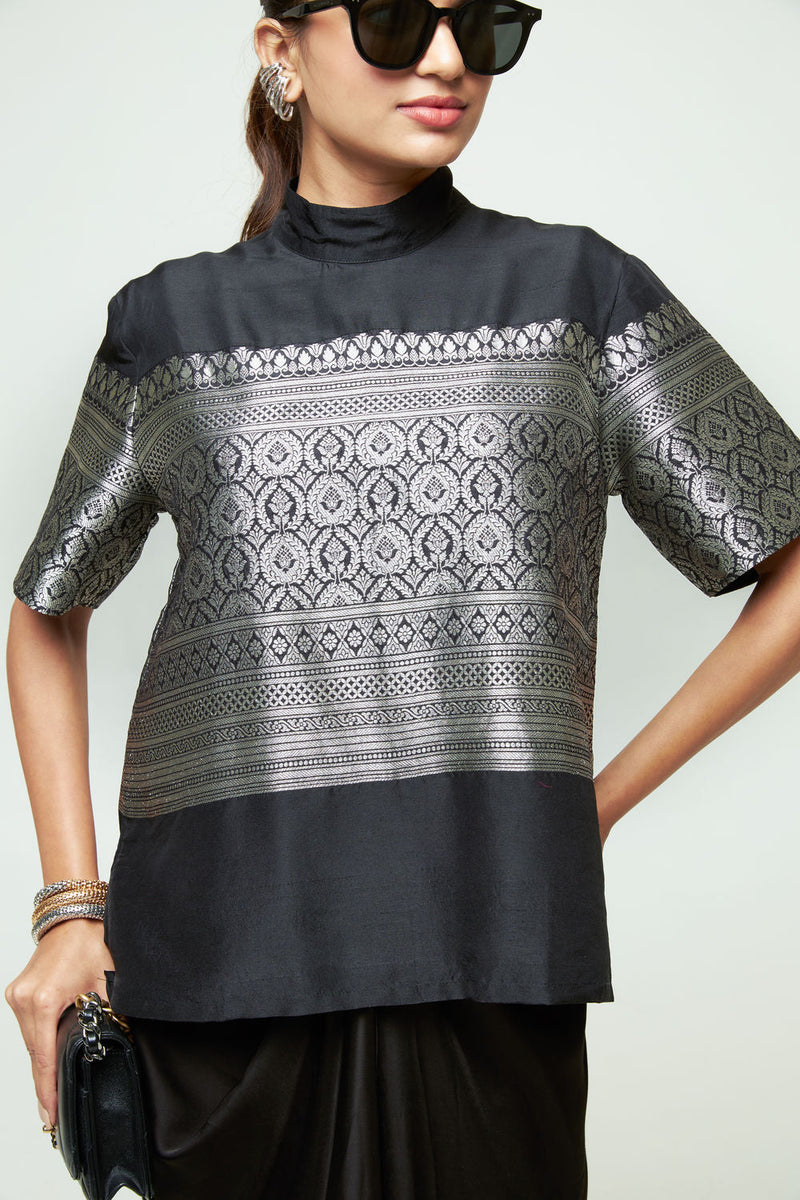 Raysa-Statement Brocade Top Skirt Set-Black silk indo-western by SOBARIKO in black for women in Singapore
