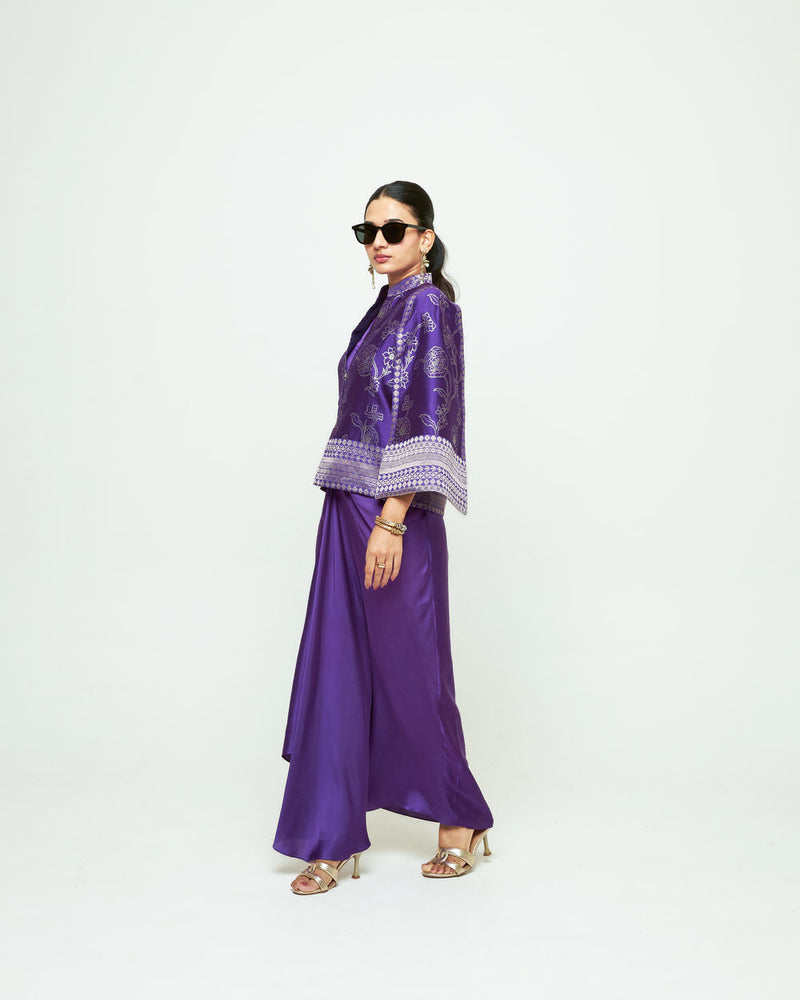 Rosa Statement Jacket Skirt Set-Purple silk, modal satin indo-western by SOBARIKO in purple for women in Singapore