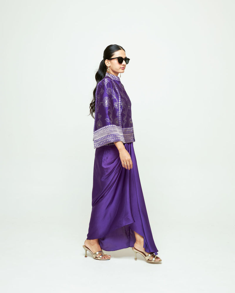 Rosa Statement Jacket Skirt Set-Purple silk, modal satin indo-western by SOBARIKO in purple for women in Singapore