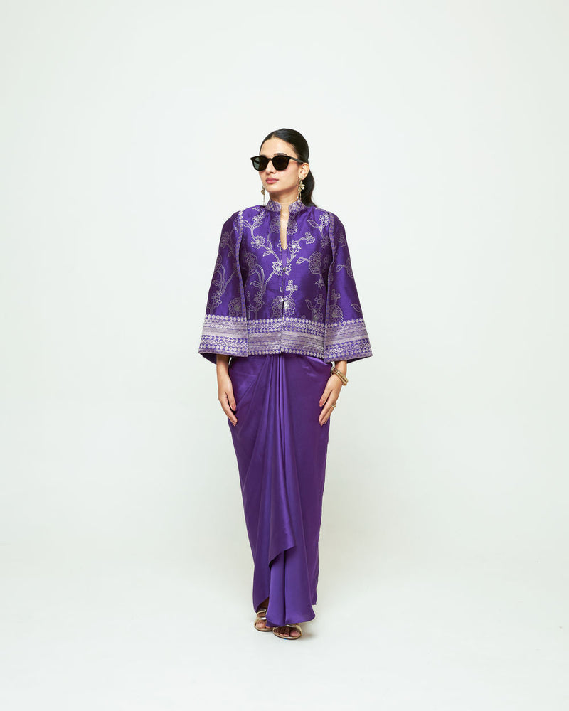 Rosa Statement Jacket Skirt Set-Purple silk, modal satin indo-western by SOBARIKO in purple for women in Singapore