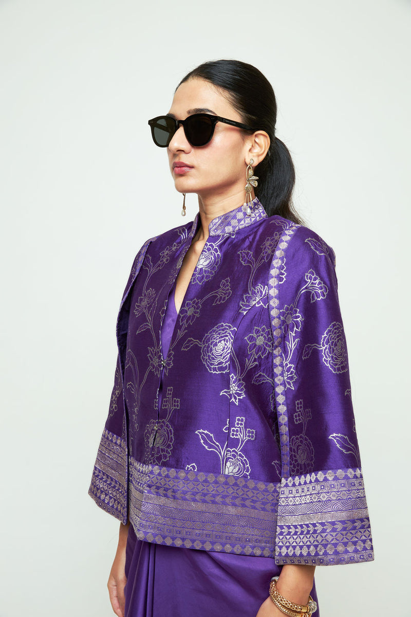 Rosa Statement Jacket Skirt Set-Purple silk, modal satin indo-western by SOBARIKO in purple for women in Singapore