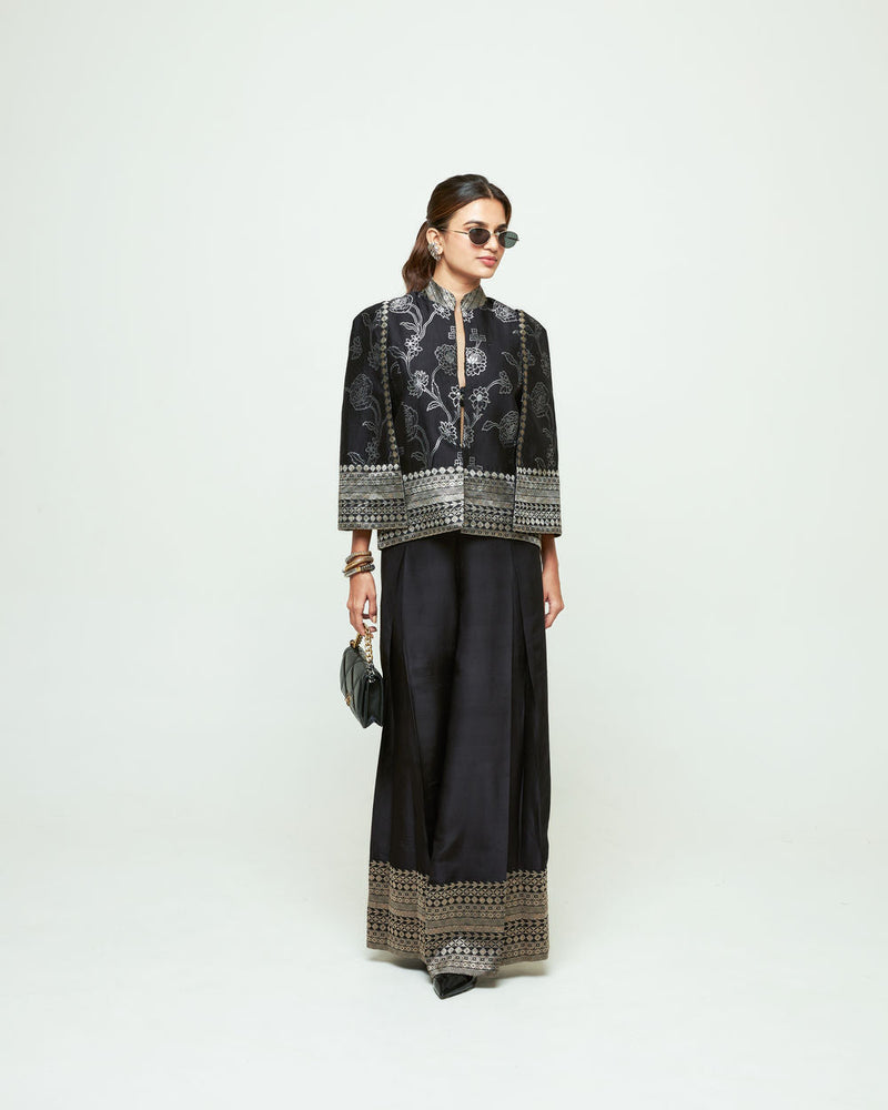 Rosa Statement Jacket Pant Set-Black silk, modal satin indo-western by SOBARIKO in purple for women in Singapore