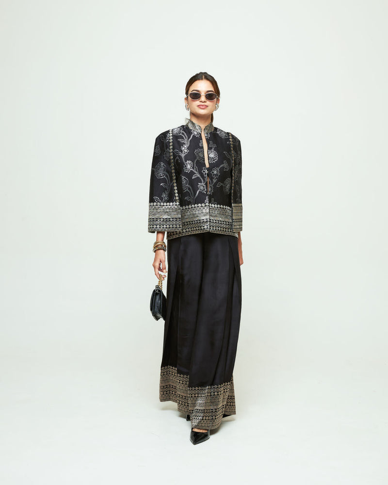 Rosa Statement Jacket Pant Set-Black silk, modal satin indo-western by SOBARIKO in purple for women in Singapore