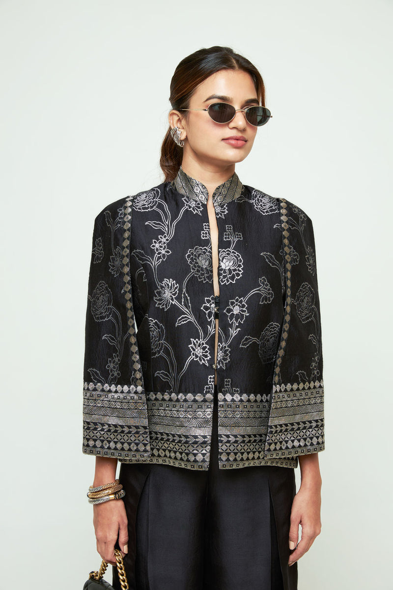 Rosa Statement Jacket Pant Set-Black silk, modal satin indo-western by SOBARIKO in purple for women in Singapore
