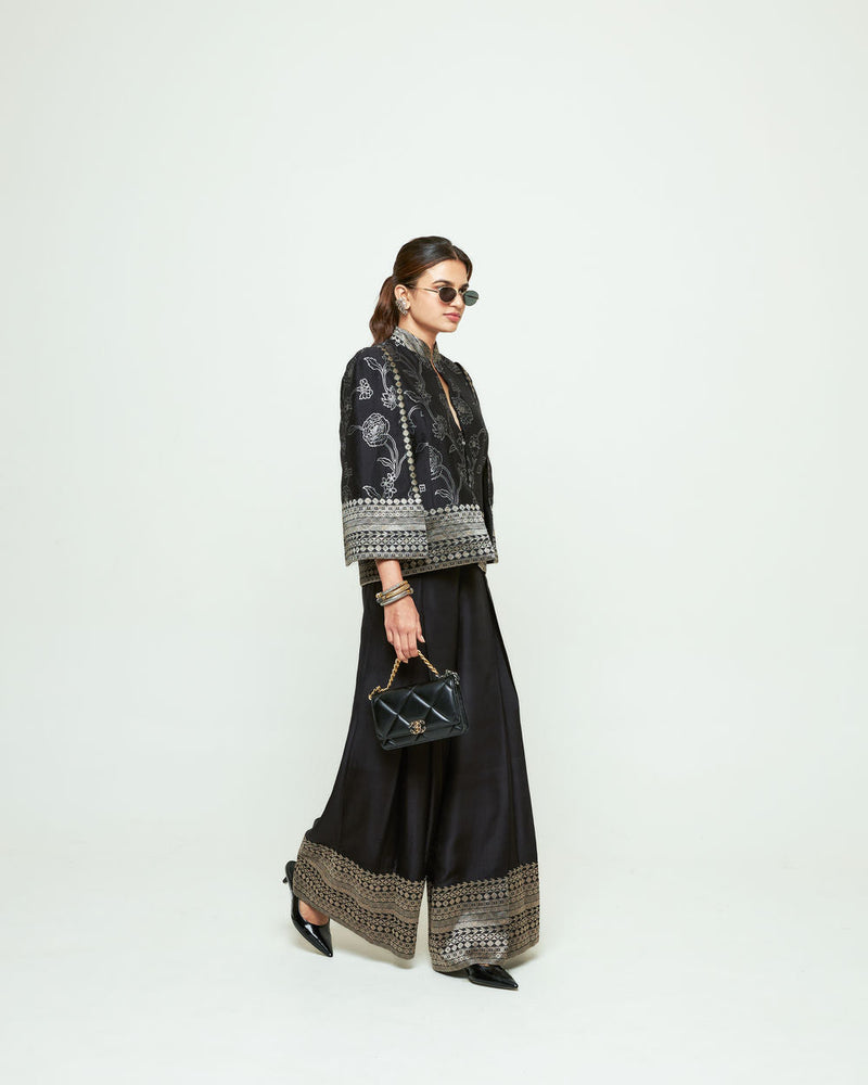 Rosa Statement Jacket Pant Set-Black silk, modal satin indo-western by SOBARIKO in purple for women in Singapore