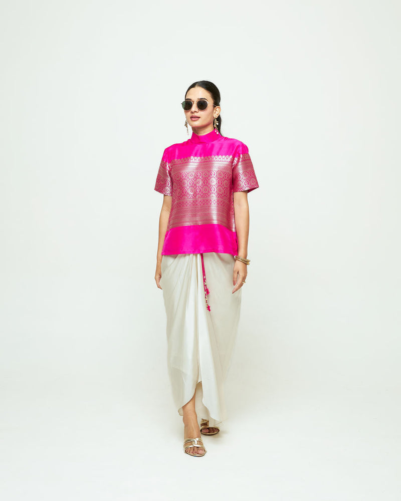 Raysa-Statement Brocade Top Skirt Set-Pink silk indo-western by SOBARIKO in pink, ivory for women in Singapore