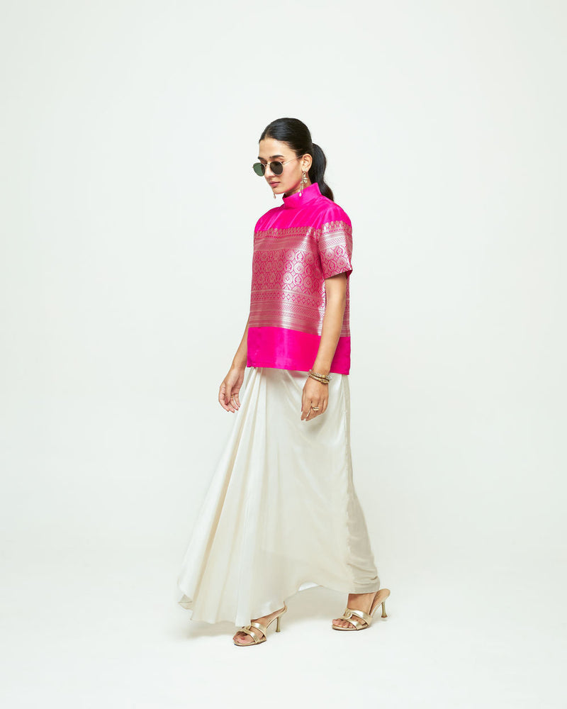 Raysa-Statement Brocade Top Skirt Set-Pink silk indo-western by SOBARIKO in pink, ivory for women in Singapore