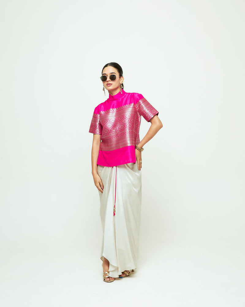 Raysa-Statement Brocade Top Skirt Set-Pink silk indo-western by SOBARIKO in pink, ivory for women in Singapore