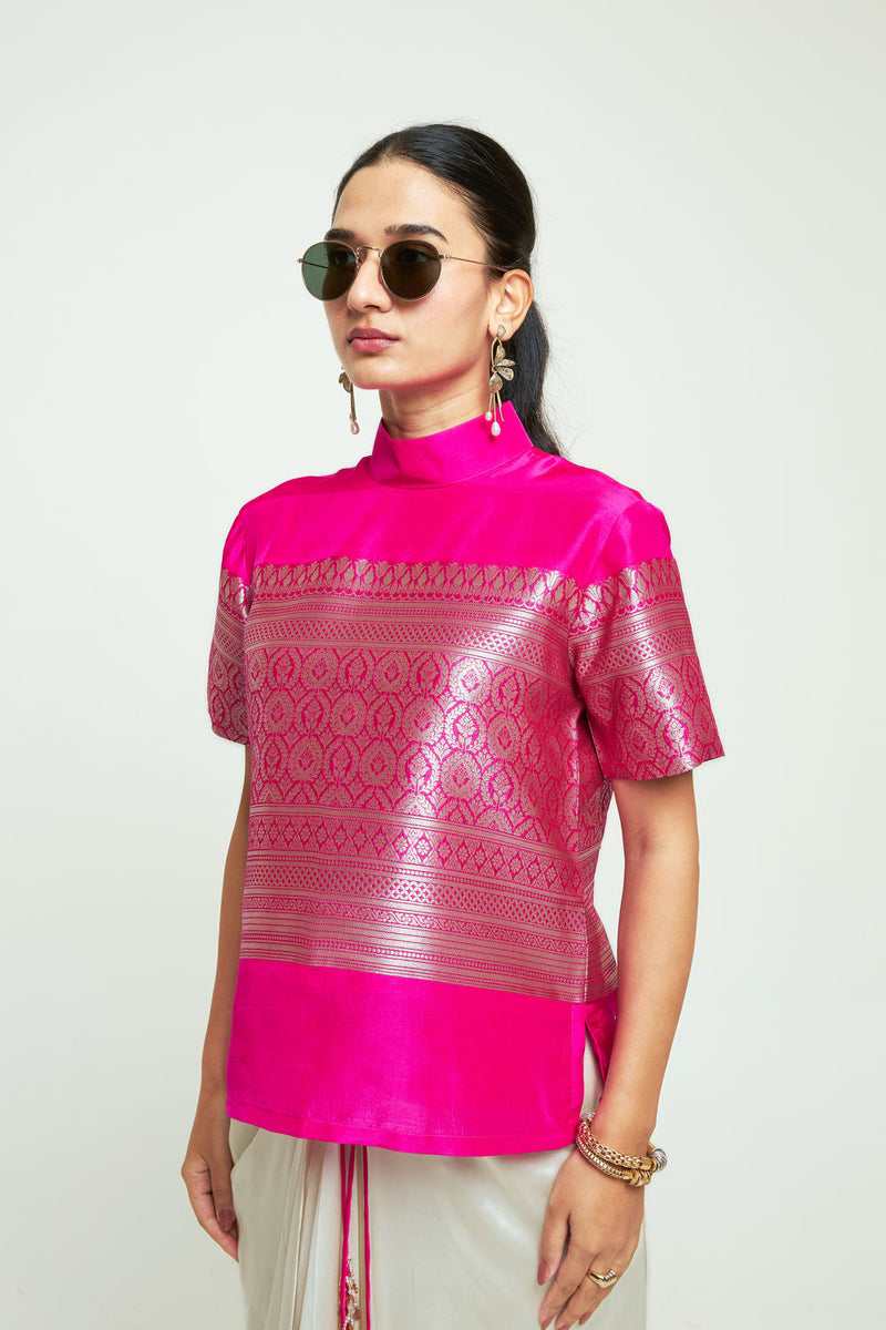 Raysa-Statement Brocade Top Skirt Set-Pink silk indo-western by SOBARIKO in pink, ivory for women in Singapore