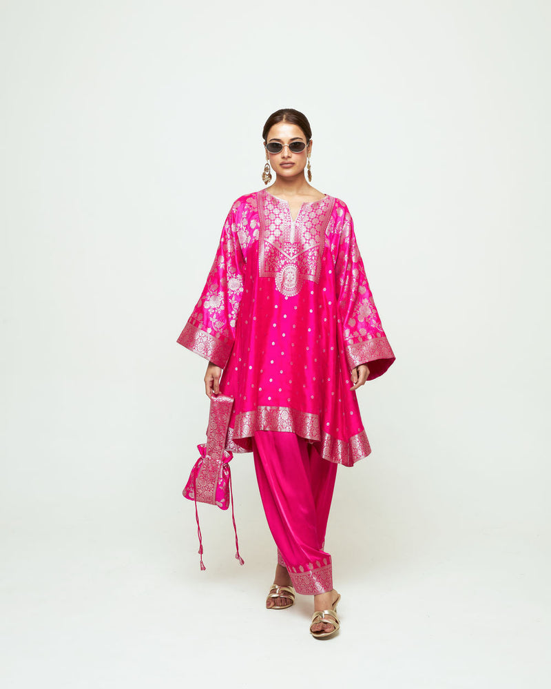 Gulnaz-Floral Brocade Choga Kurta With Farshi Salwar-Pink silk, modal satin kurta/kurta set by SOBARIKO in pink for women in Singapore