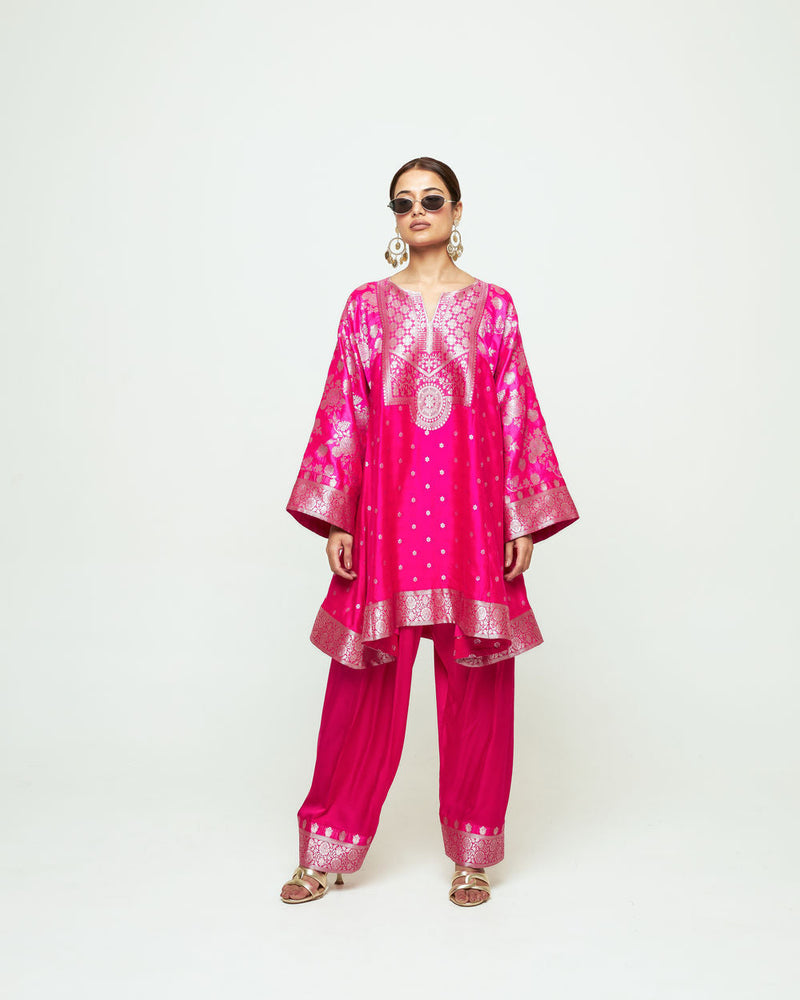Gulnaz-Floral Brocade Choga Kurta With Farshi Salwar-Pink silk, modal satin kurta/kurta set by SOBARIKO in pink for women in Singapore