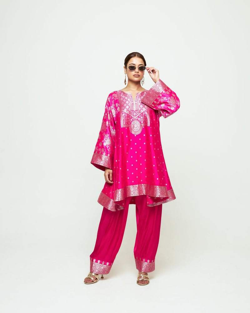 Gulnaz-Floral Brocade Choga Kurta With Farshi Salwar-Pink silk, modal satin kurta/kurta set by SOBARIKO in pink for women in Singapore