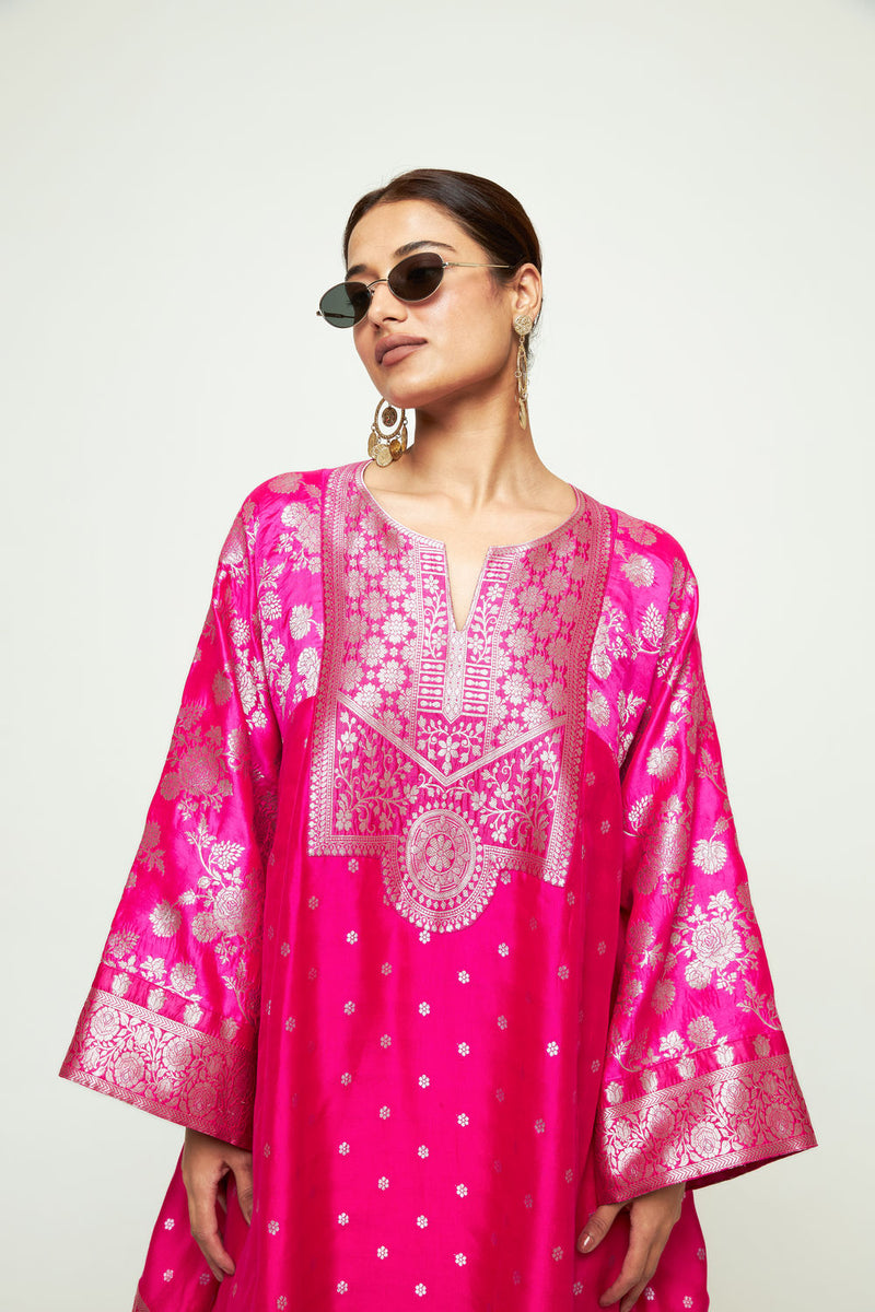 Gulnaz-Floral Brocade Choga Kurta With Farshi Salwar-Pink silk, modal satin kurta/kurta set by SOBARIKO in pink for women in Singapore