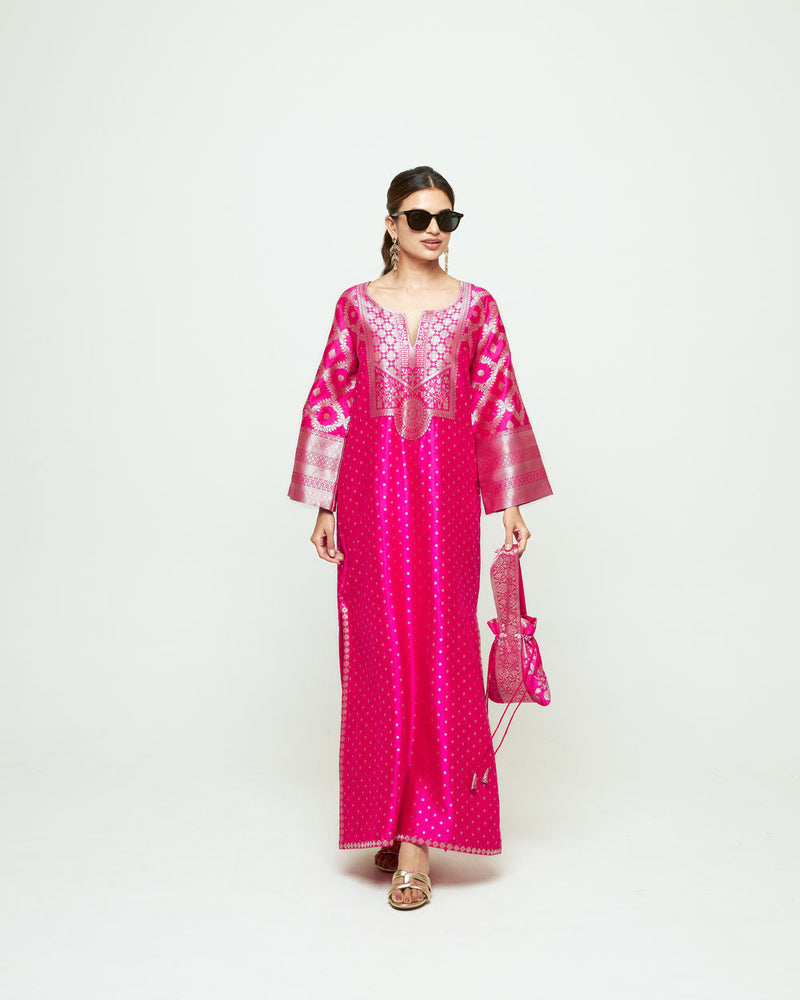 Neet-Statement Silk Kaftan With Brocade Detail silk indo-western by SOBARIKO in pink for women in Singapore