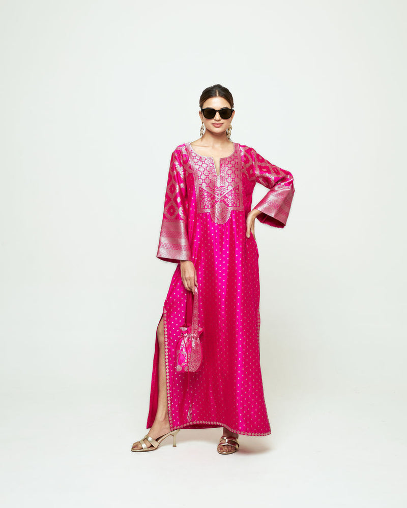 Neet-Statement Silk Kaftan With Brocade Detail silk indo-western by SOBARIKO in pink for women in Singapore