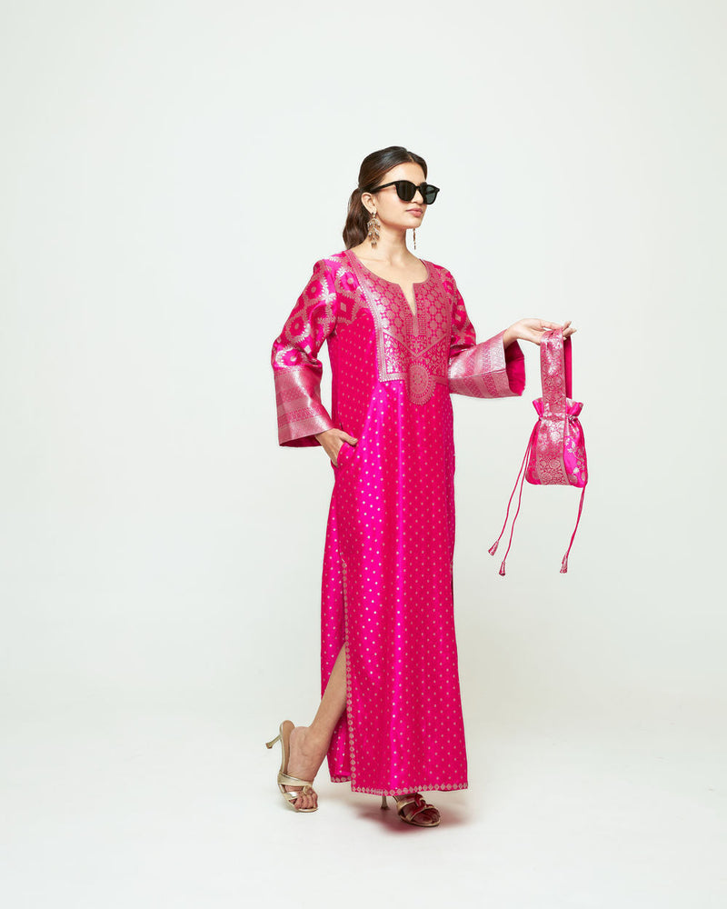Neet-Statement Silk Kaftan With Brocade Detail silk indo-western by SOBARIKO in pink for women in Singapore