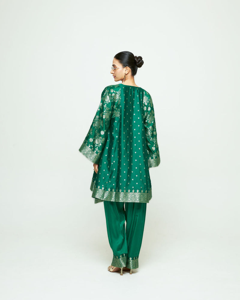 Gulnaz-Floral Brocade Choga Kurta With Farshi Salwar-Green silk, modal satin kurta/kurta set by SOBARIKO in green for women in Singapore