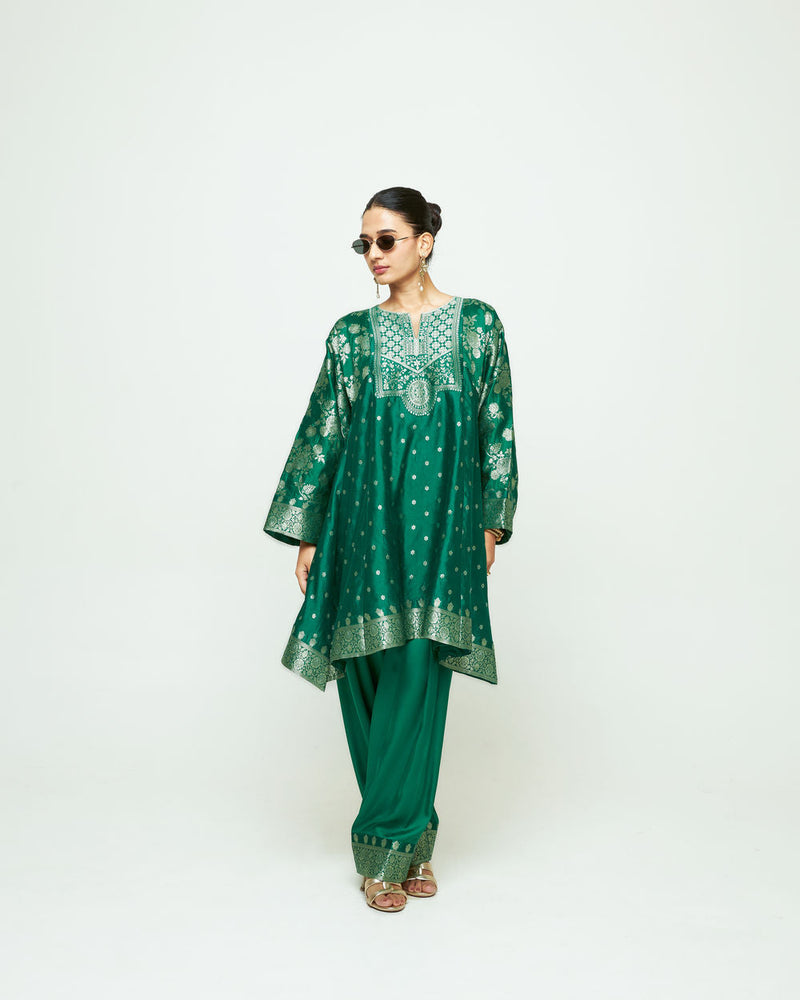 Gulnaz-Floral Brocade Choga Kurta With Farshi Salwar-Green silk, modal satin kurta/kurta set by SOBARIKO in green for women in Singapore