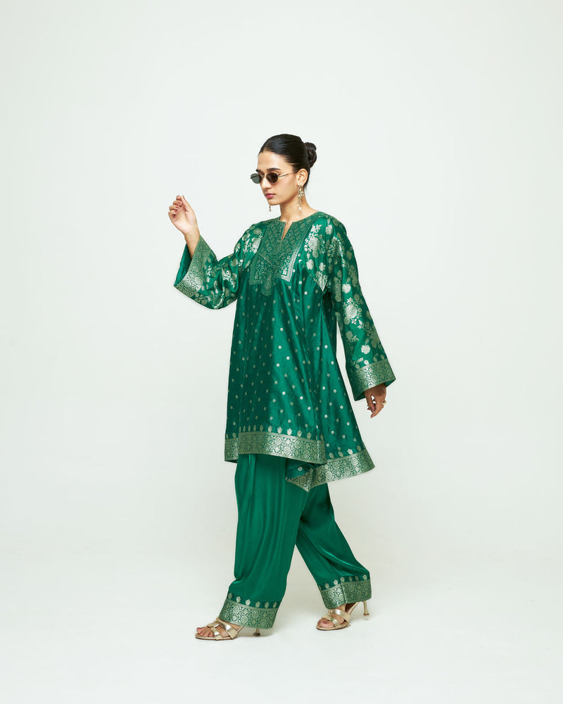 Gulnaz-Floral Brocade Choga Kurta With Farshi Salwar-Green silk, modal satin kurta/kurta set by SOBARIKO in green for women in Singapore