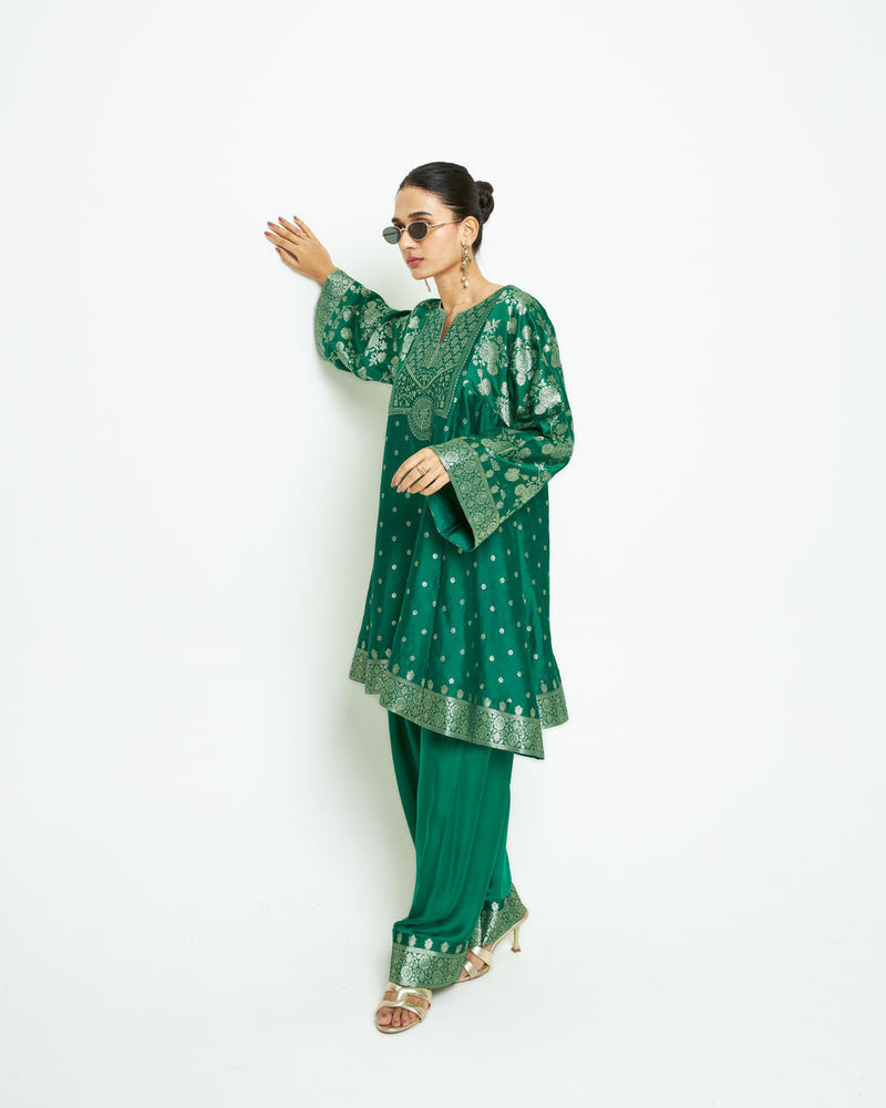 Gulnaz-Floral Brocade Choga Kurta With Farshi Salwar-Green silk, modal satin kurta/kurta set by SOBARIKO in green for women in Singapore