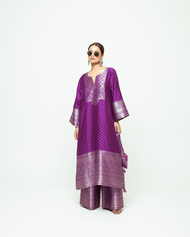 Noor-Contemporary Brocade Kurta With Pants-Purple silk kurta/kurta set by SOBARIKO in purple for women in Singapore