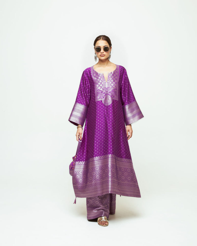 Noor-Contemporary Brocade Kurta With Pants-Purple silk kurta/kurta set by SOBARIKO in purple for women in Singapore