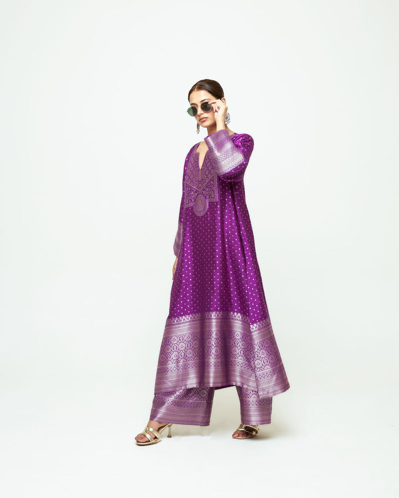 Noor-Contemporary Brocade Kurta With Pants-Purple silk kurta/kurta set by SOBARIKO in purple for women in Singapore